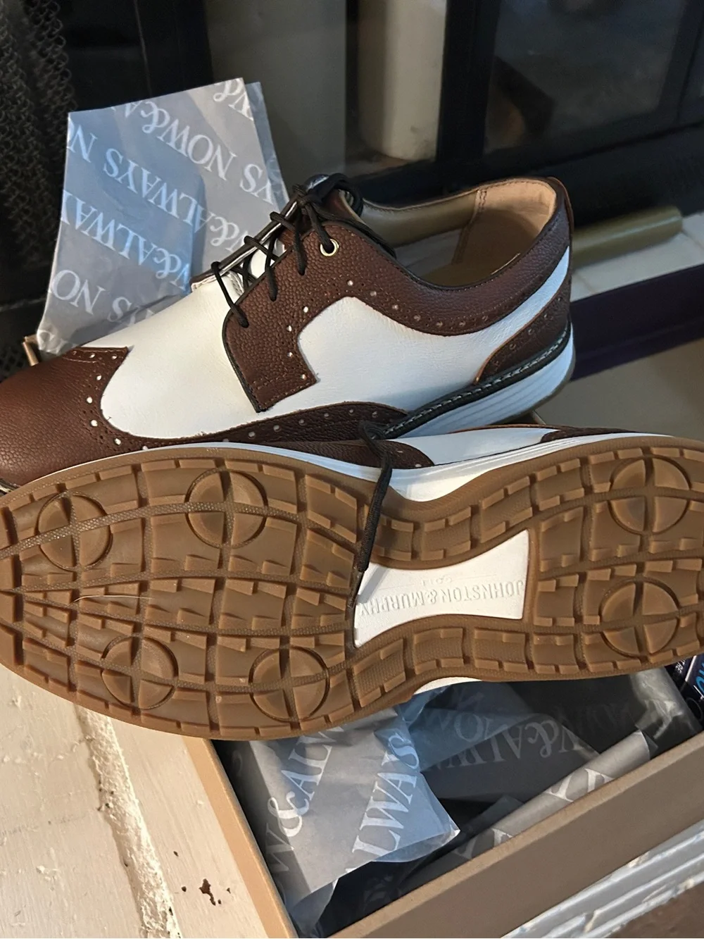 Men's Brown & White Leather golf shoes . NWT